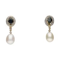 Pendientes desmontables en oro amarillo con turmalinas, brillantes y perlas.