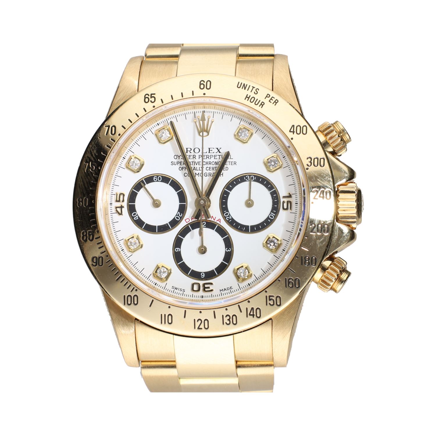 Daytona 6 invertido oro amarillo esfera blanca brillantes.   