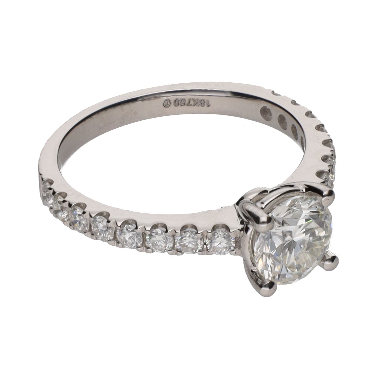 Sortija solitario en oro blanco con brillantes.   Talla 13.