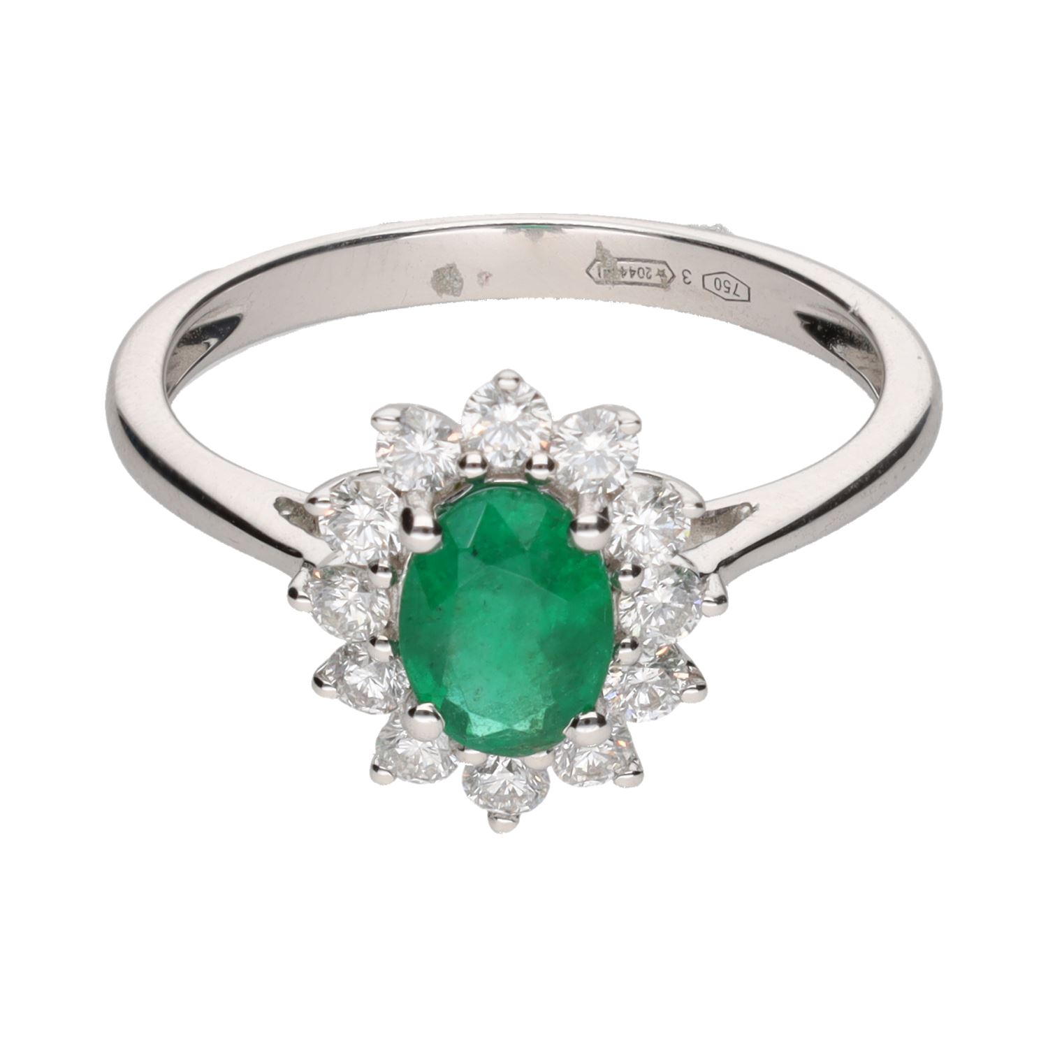 Sortija en oro blanco con esmeralda y brillantes. Talla 15.