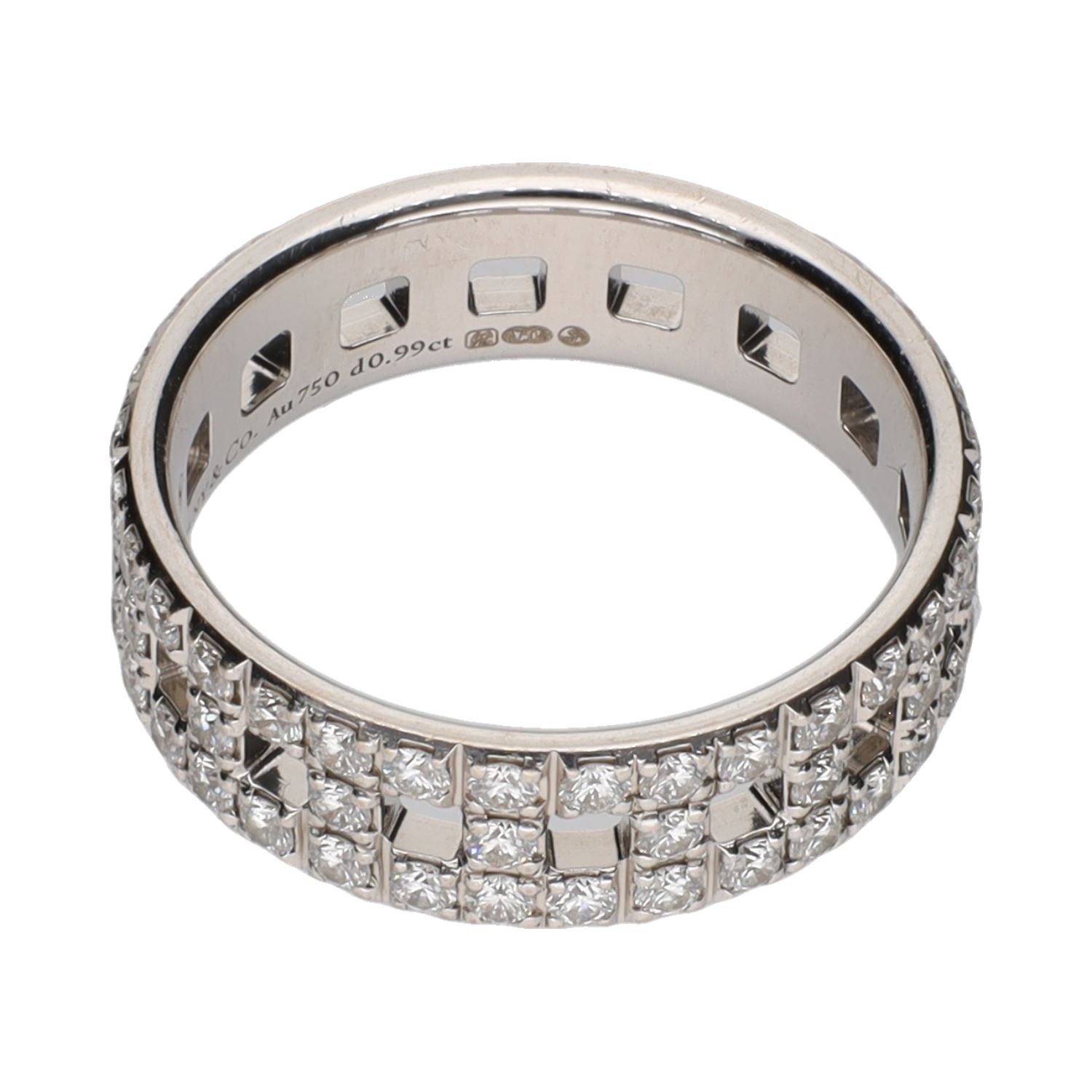 Sortija t true de tiffany & co. En oro blanco con brillantes. Talla 12.