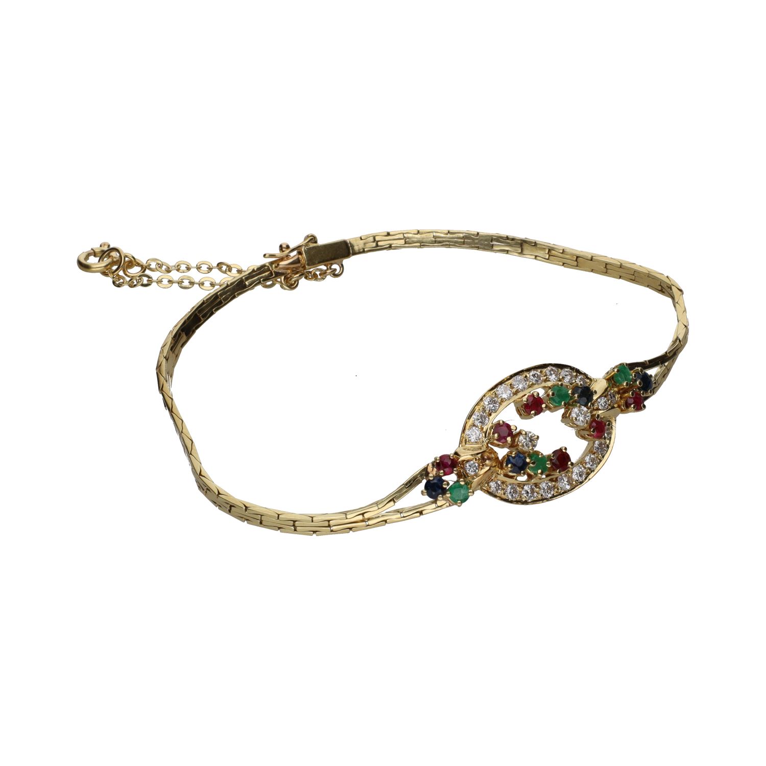 Pulsera en oro amarillo con esmeraldas, rubíes, zafiros y brillantes.