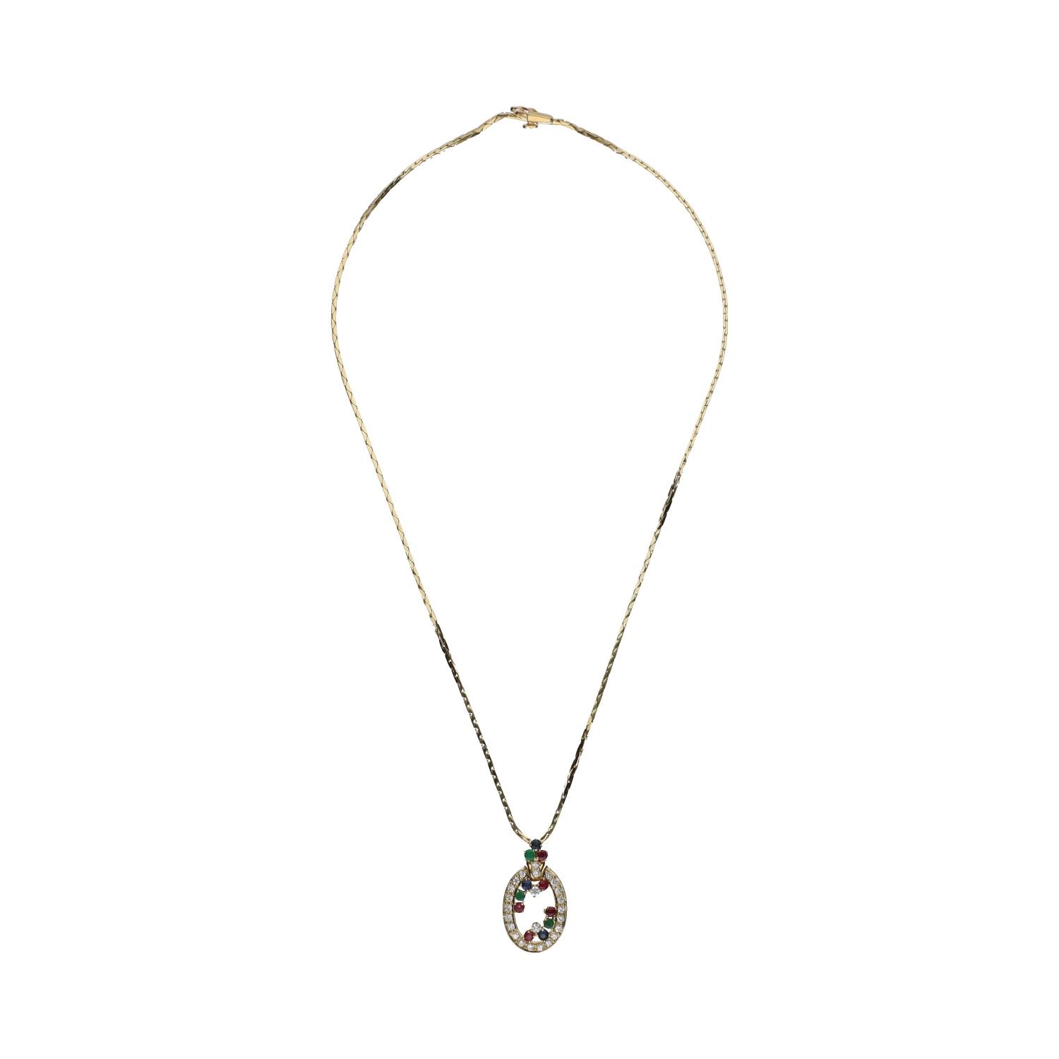 Collar en oro amarillo con esmeraldas, rubíes, zafiros y brillantes.