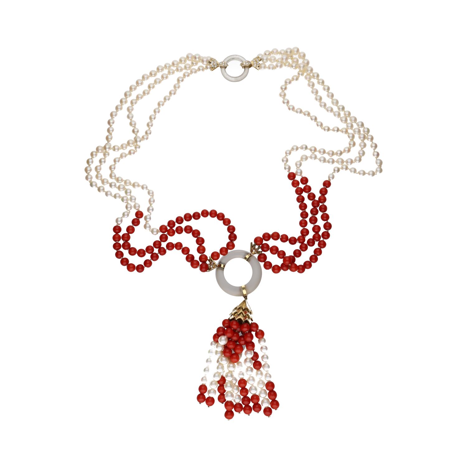 Collar firmado por yanes en oro amarillo perlas, coral y brillantes.