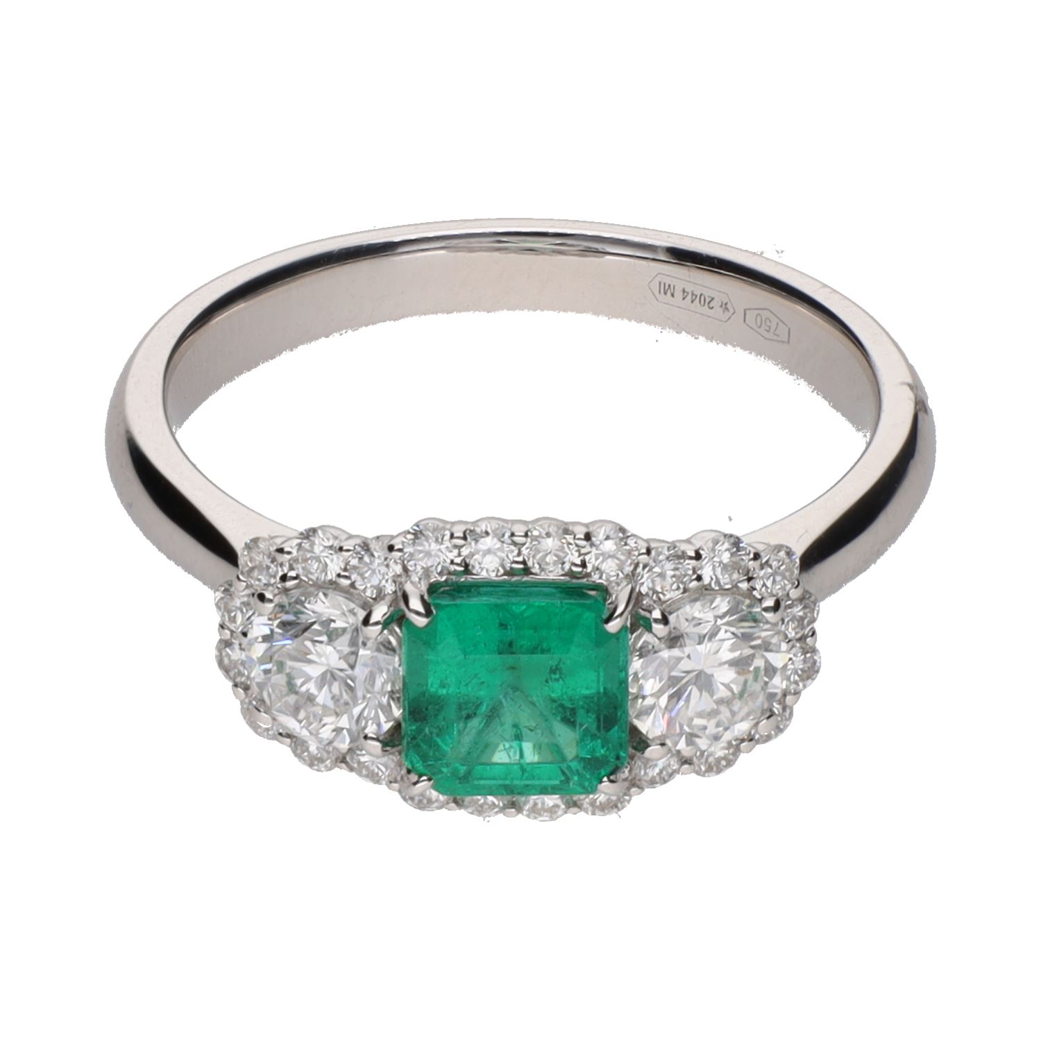 Sortija en oro blanco con esmeralda y brillantes. Talla 14.