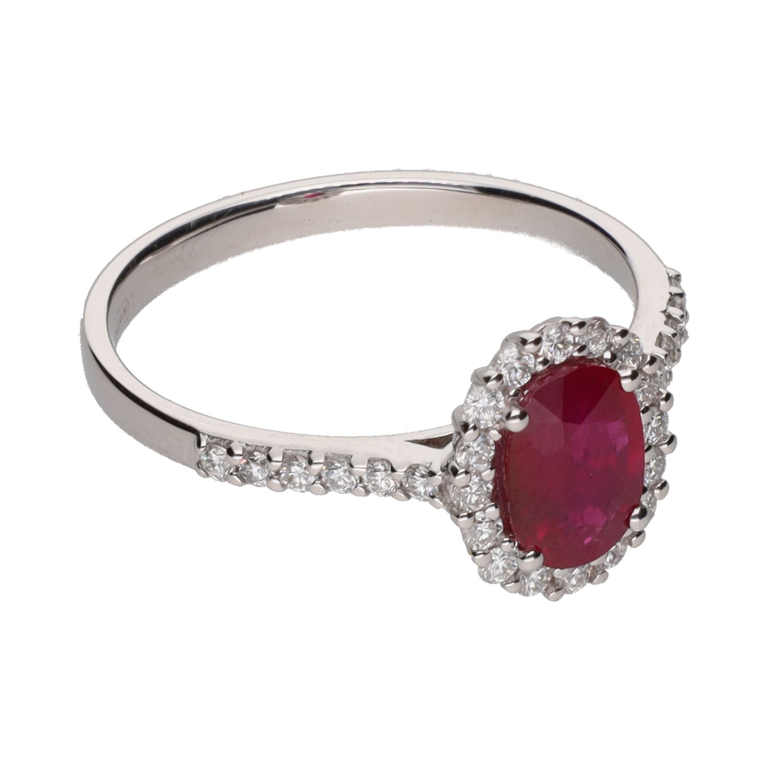 Sortija en oro blanco con rubí y brillantes. Talla 14.