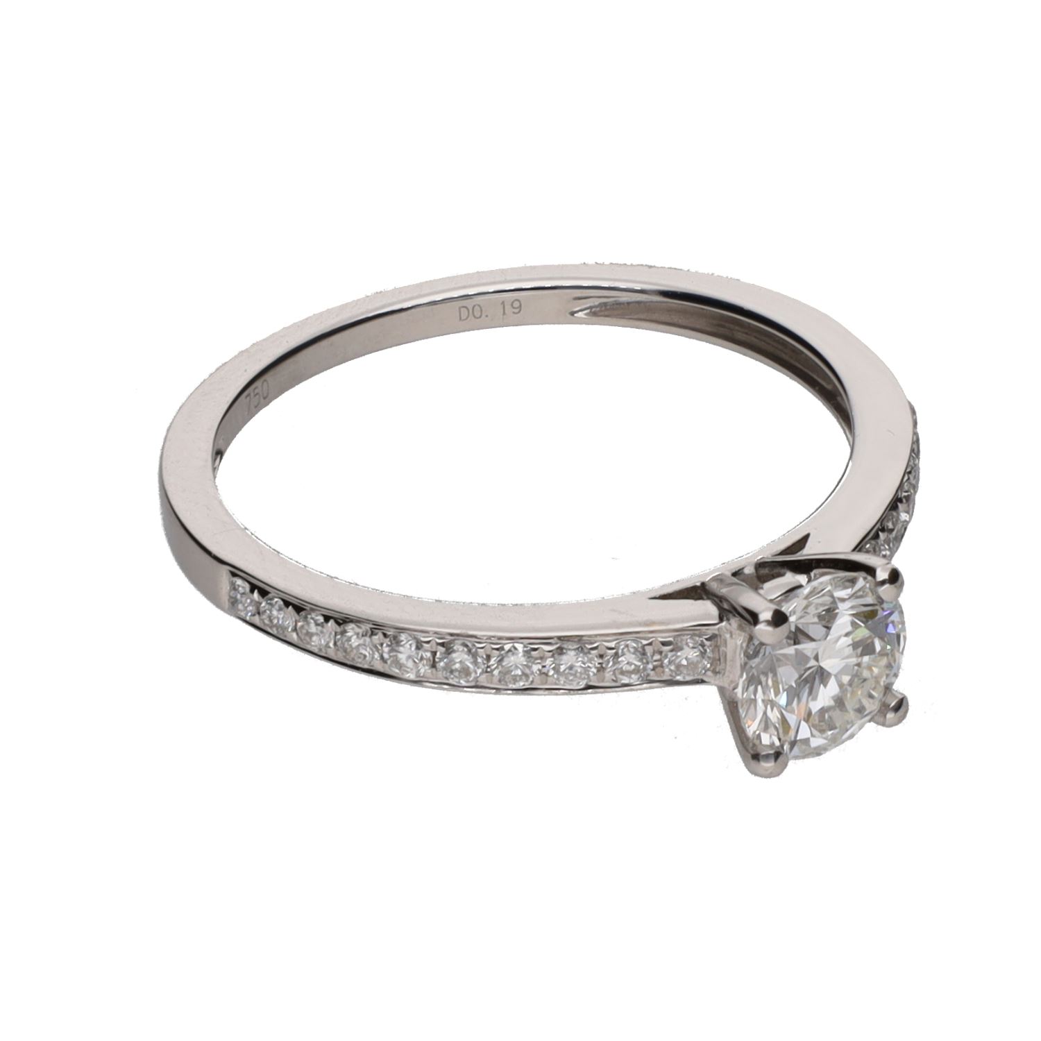 Sortija solitario en oro blanco con brillantes. Talla 14.
