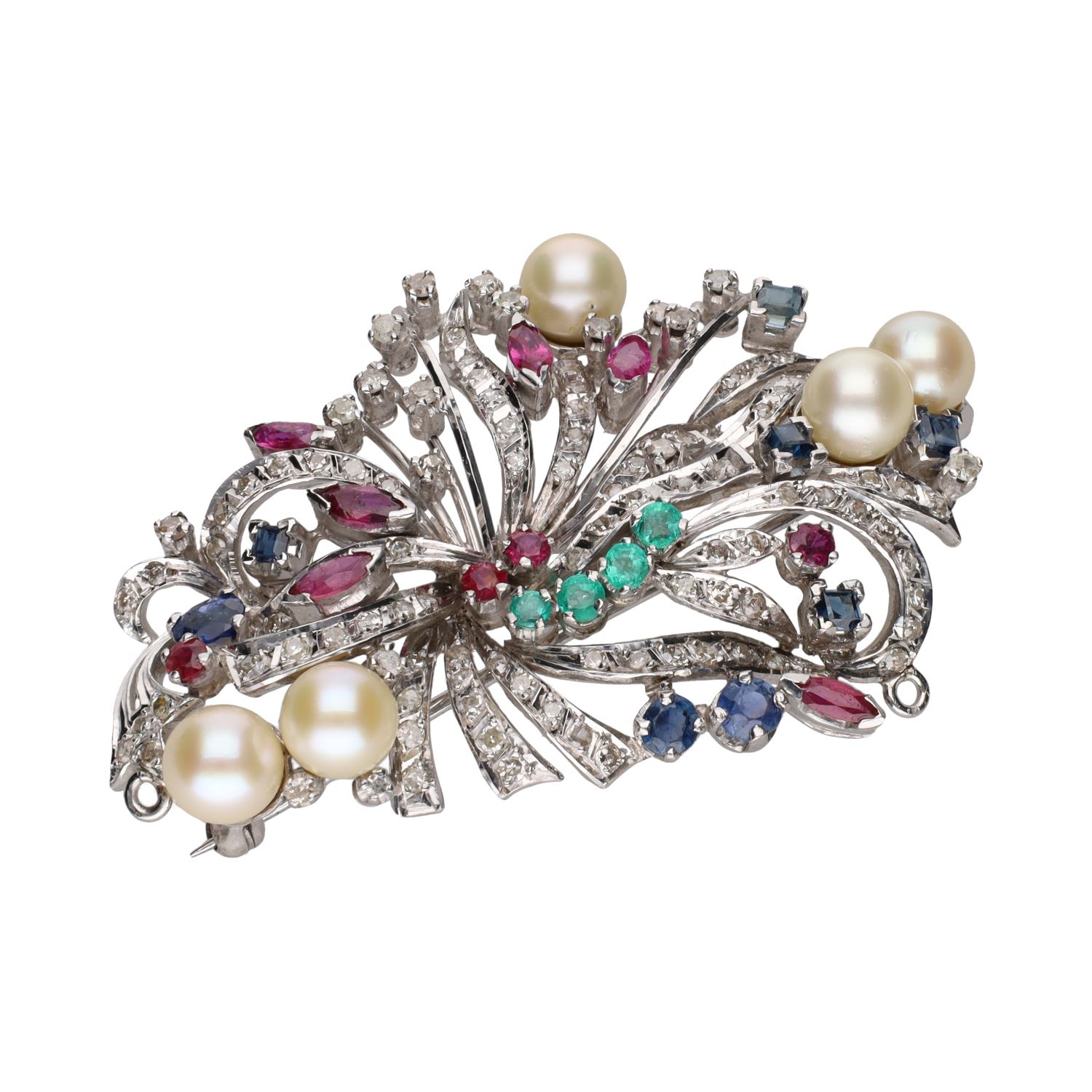 Broche en oro blanco con perlas, rubíes, esmeraldas, zafiros y brillantes.