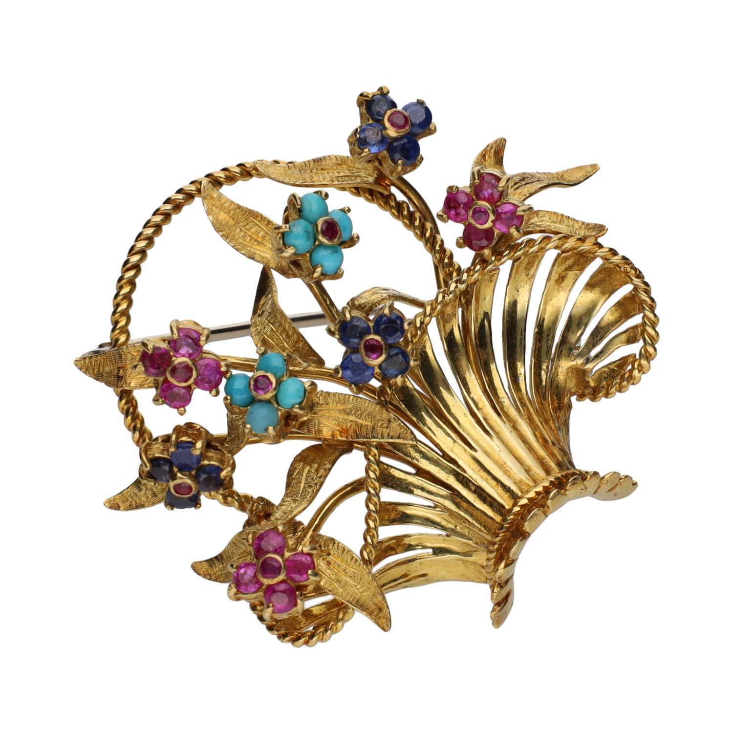 Broche en forma de cesta con flores realizado en oro amarillo.