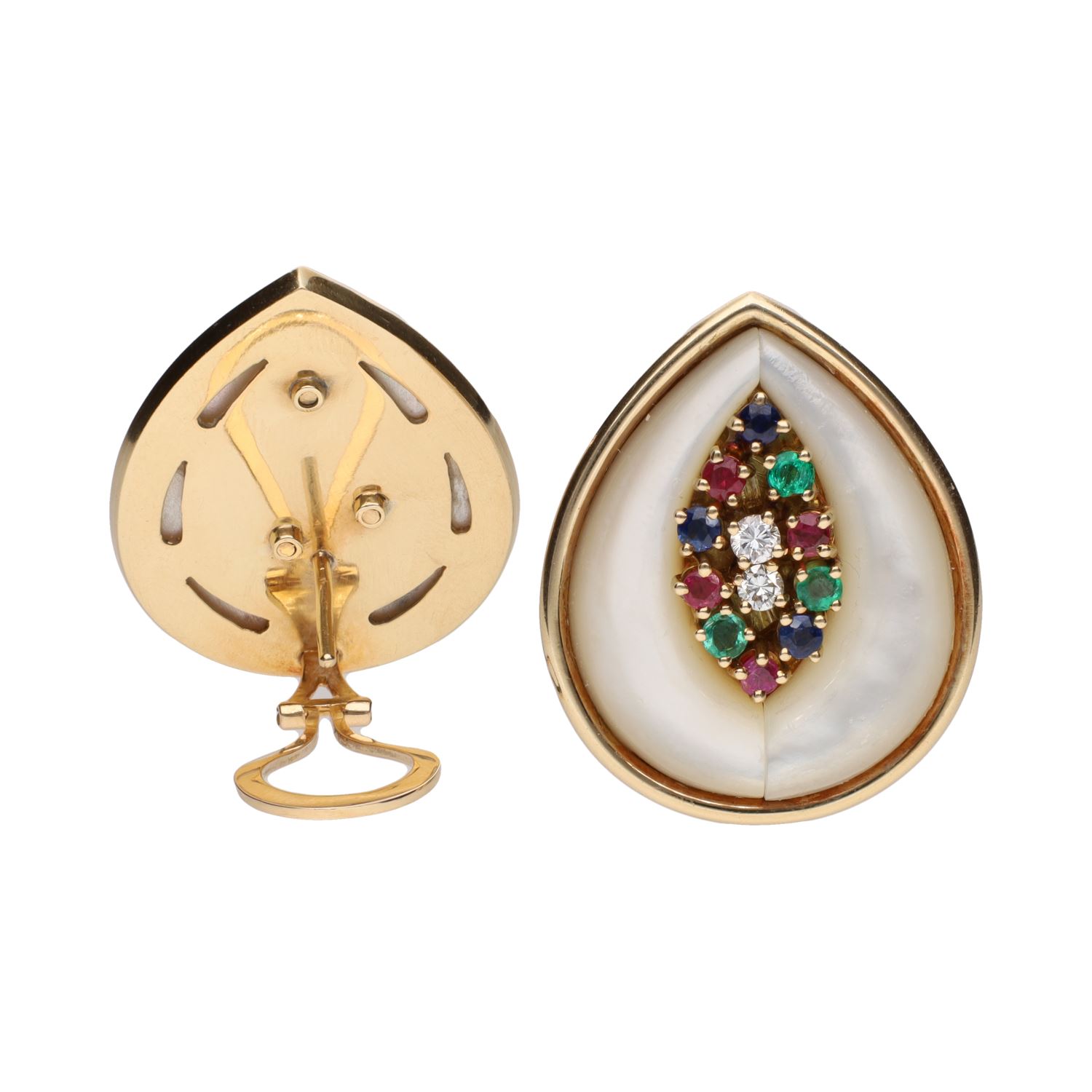 Pendientes en oro amarillo con nácar, esmeraldas, rubí, zafiro y brillantes.