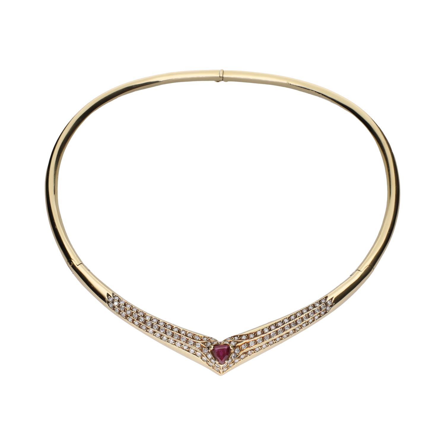 Collar gargantilla rígida en oro amarillo con rubí y brillantes.