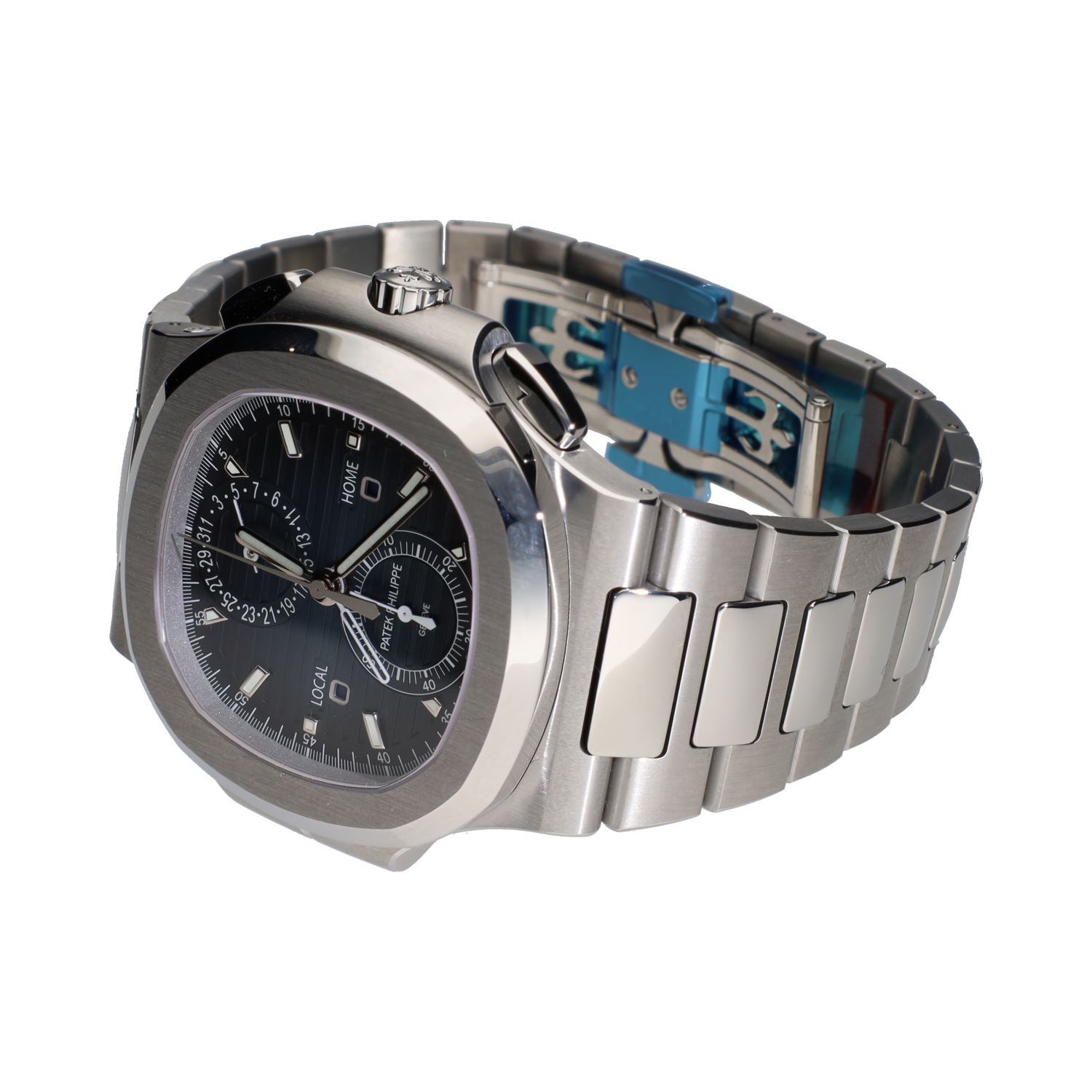 Nautilus travel time chronograph acero esfera azul.  