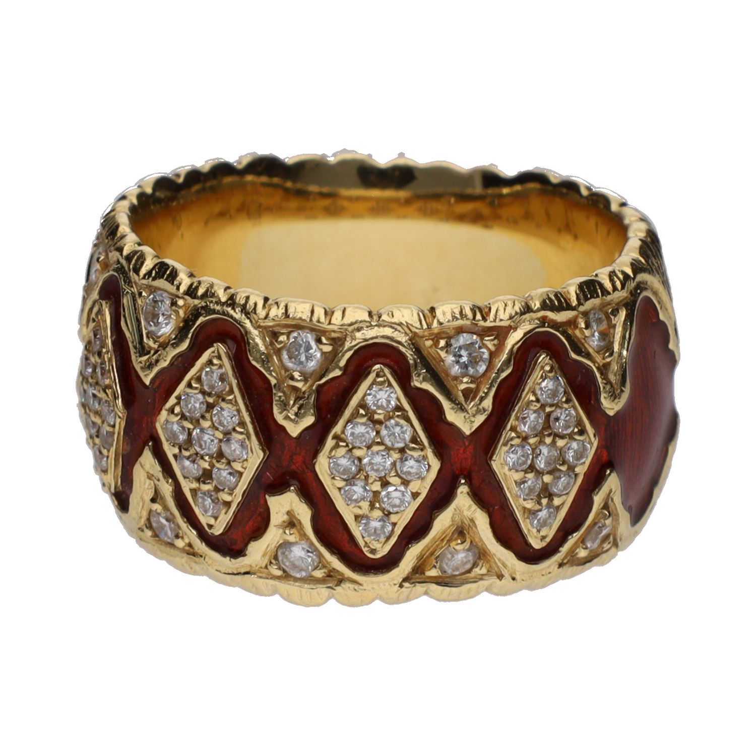 Sortija de yanes en oro amarillo, esmalte y brillantes. Talla 13.