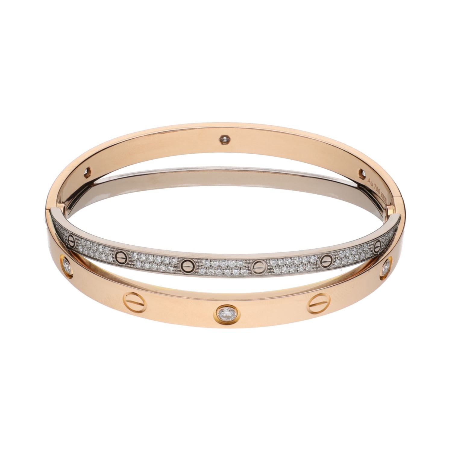 Pulsera love de cartier en oro rosa y oro blanco con brillantes. Talla 17.