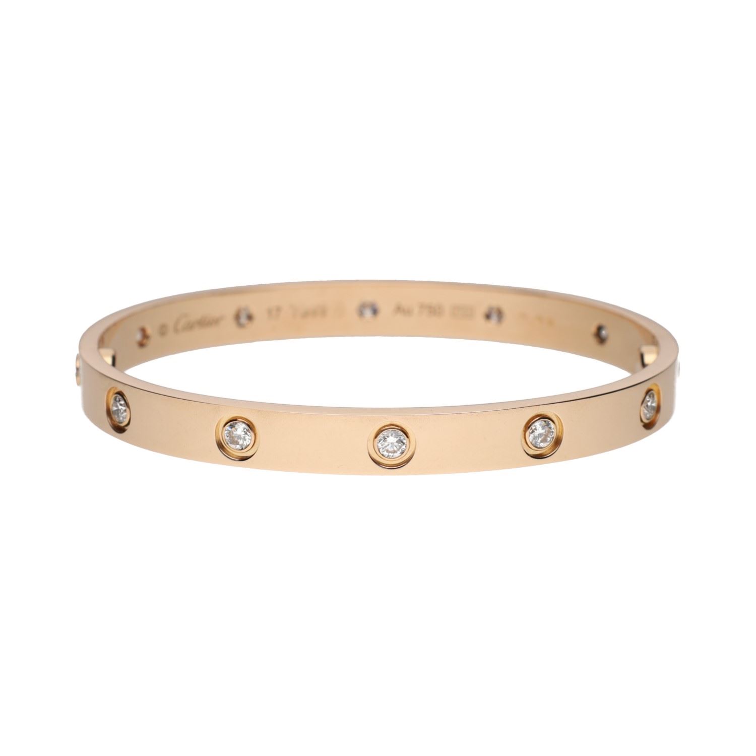 Pulsera love de cartier en oro rosa con brillantes. Talla 17
