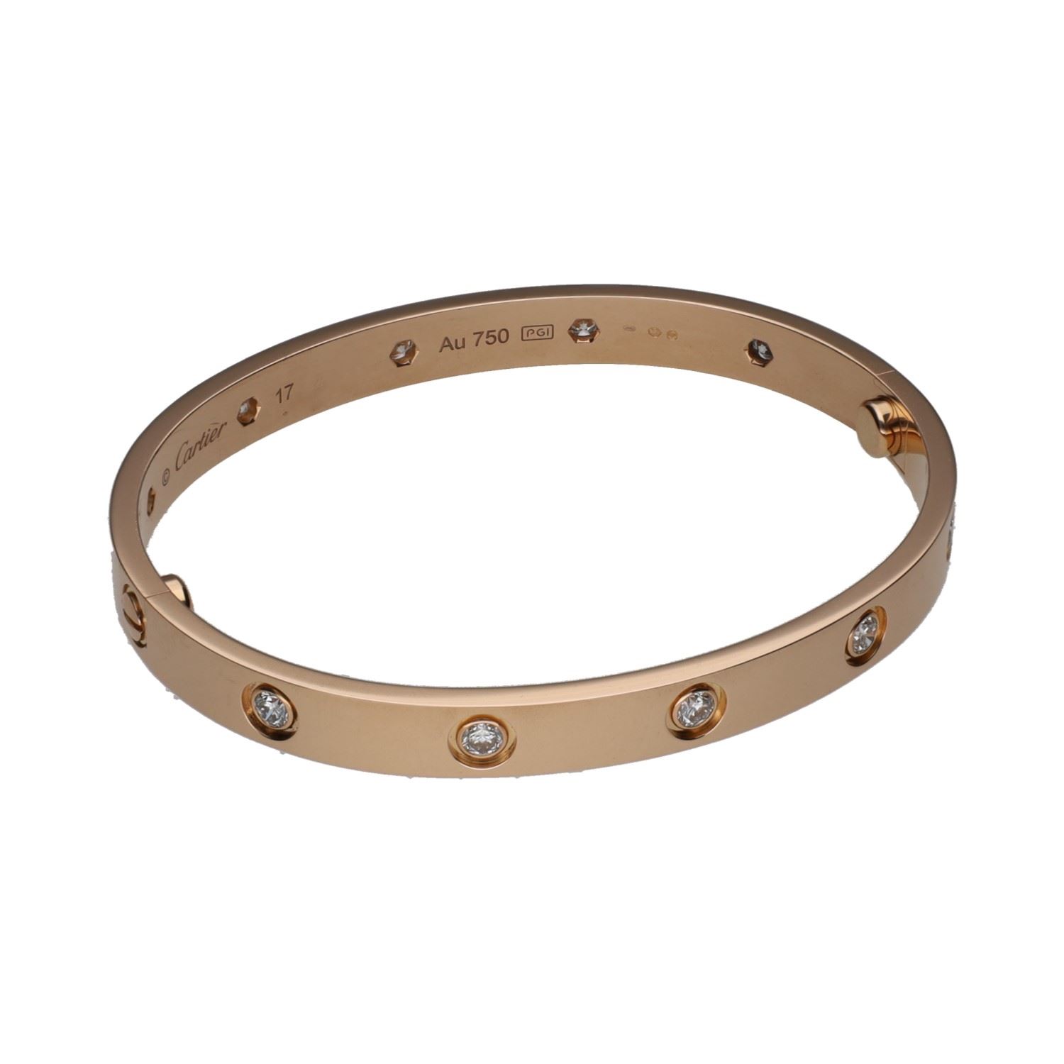 Pulsera love de cartier en oro rosa con brillantes. Talla 17